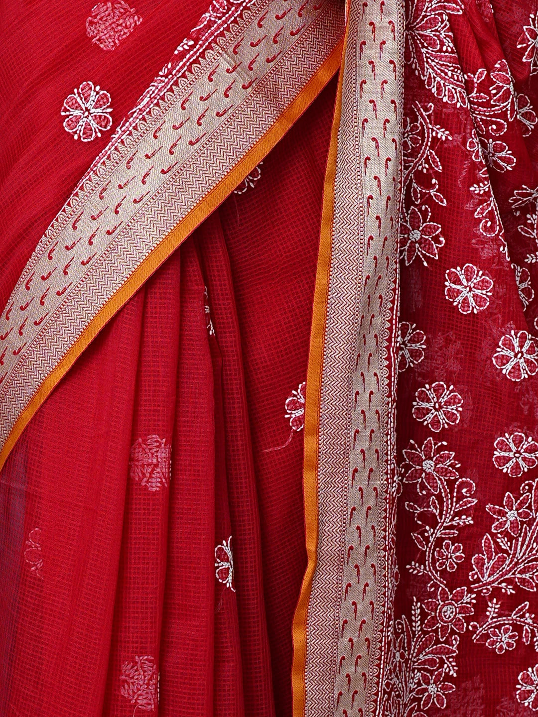 Ada Hand Embroidered Red Chanderi Lucknowi Chikankari Saree With Blouse 01A857771