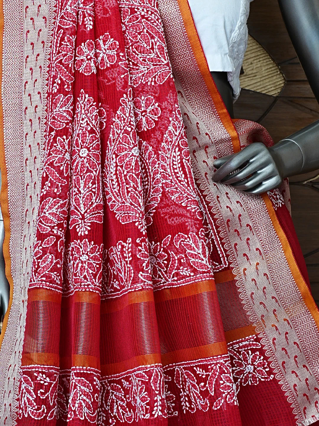 Ada Hand Embroidered Red Chanderi Lucknowi Chikankari Saree With Blouse 01A857771