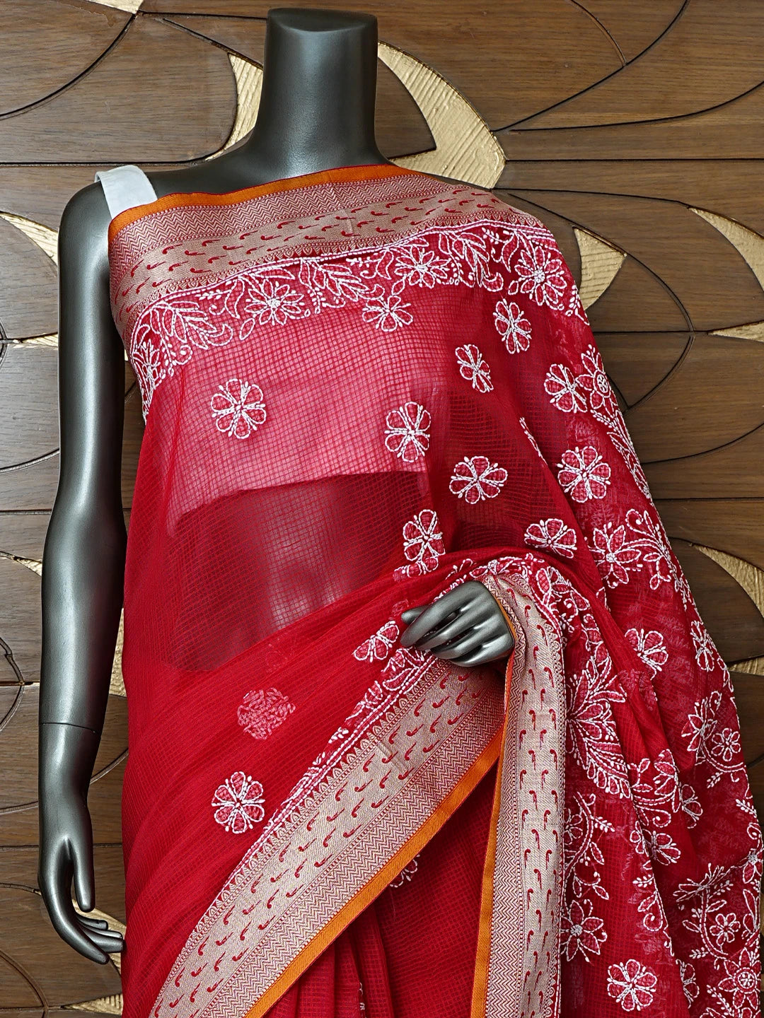Ada Hand Embroidered Red Chanderi Lucknowi Chikankari Saree With Blouse 01A857771