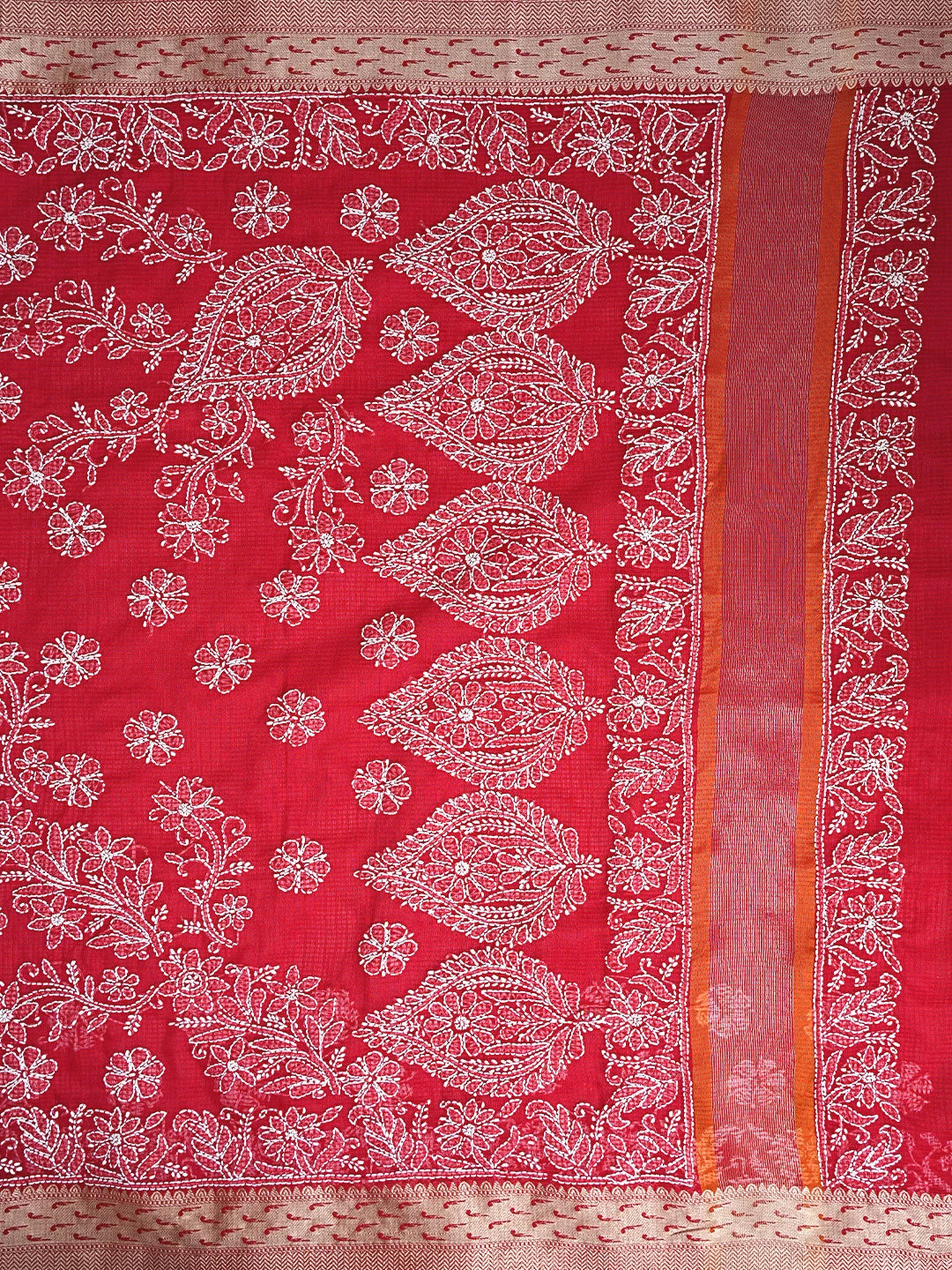 Ada Hand Embroidered Red Chanderi Lucknowi Chikankari Saree With Blouse 01A857771
