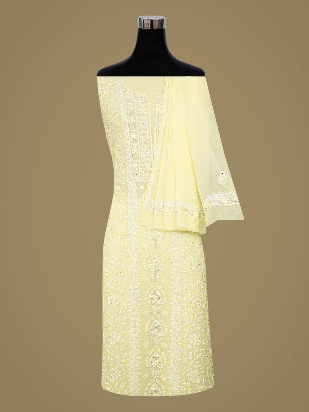 Ada Hand Embroidered Lemon Yellow Pure Georgette Lucknowi Chikankari Unstitched Kurta Dupatta Set With Cutdana Work 01A712921
