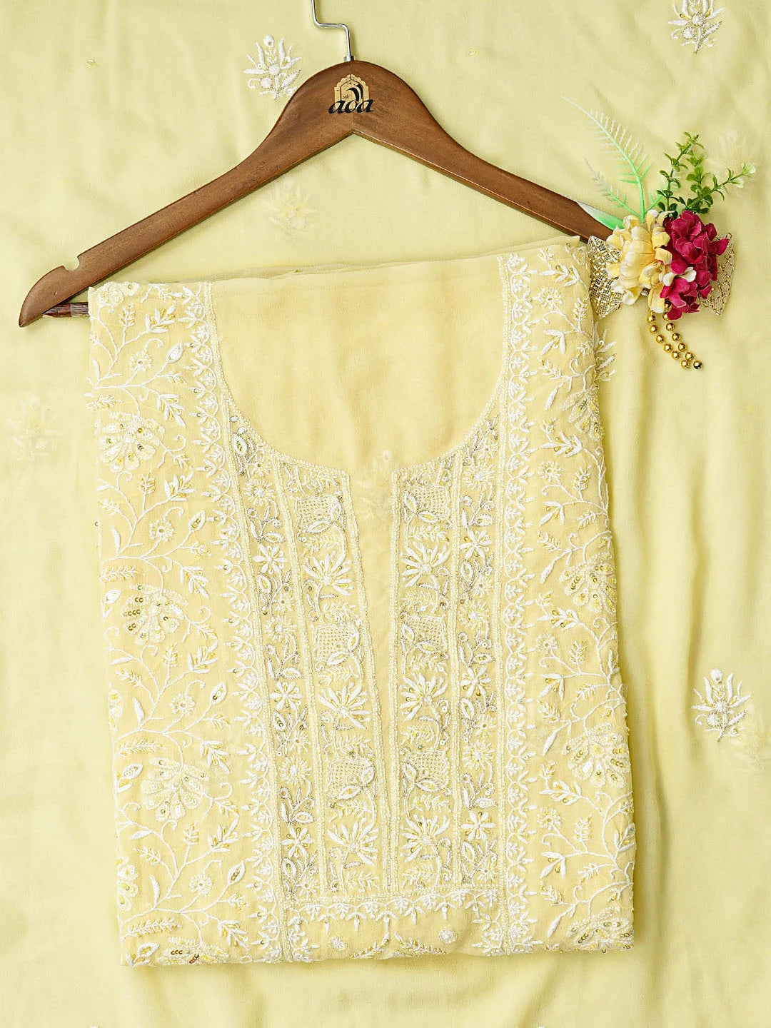 Ada Hand Embroidered Lemon Yellow Pure Georgette Lucknowi Chikankari Unstitched Kurta Dupatta Set With Cutdana Work 01A712921
