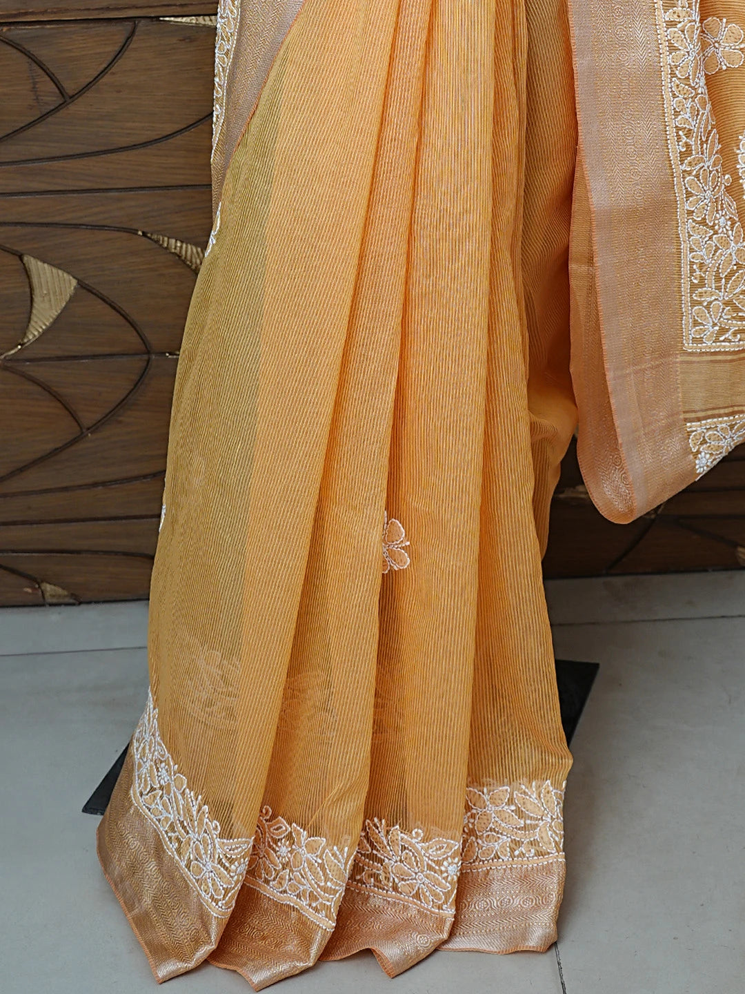Ada Hand Embroidered Mustard Chanderi Lucknowi Chikankari Saree With Blouse 01A857659
