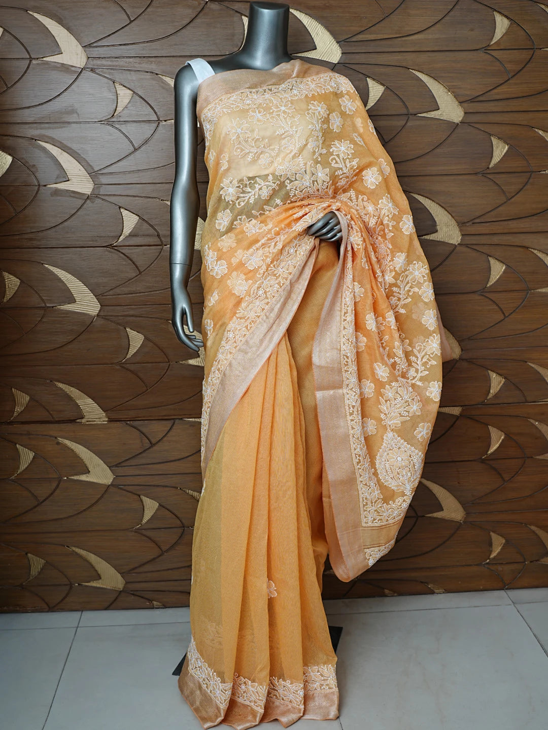 Ada Hand Embroidered Mustard Chanderi Lucknowi Chikankari Saree With Blouse 01A857659