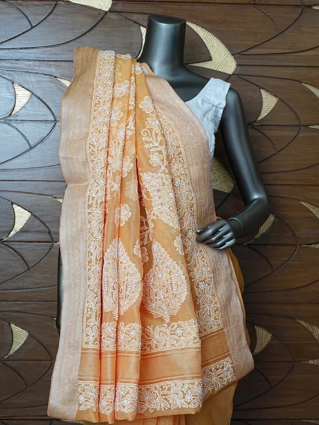 Ada Hand Embroidered Mustard Chanderi Lucknowi Chikankari Saree With Blouse 01A857659