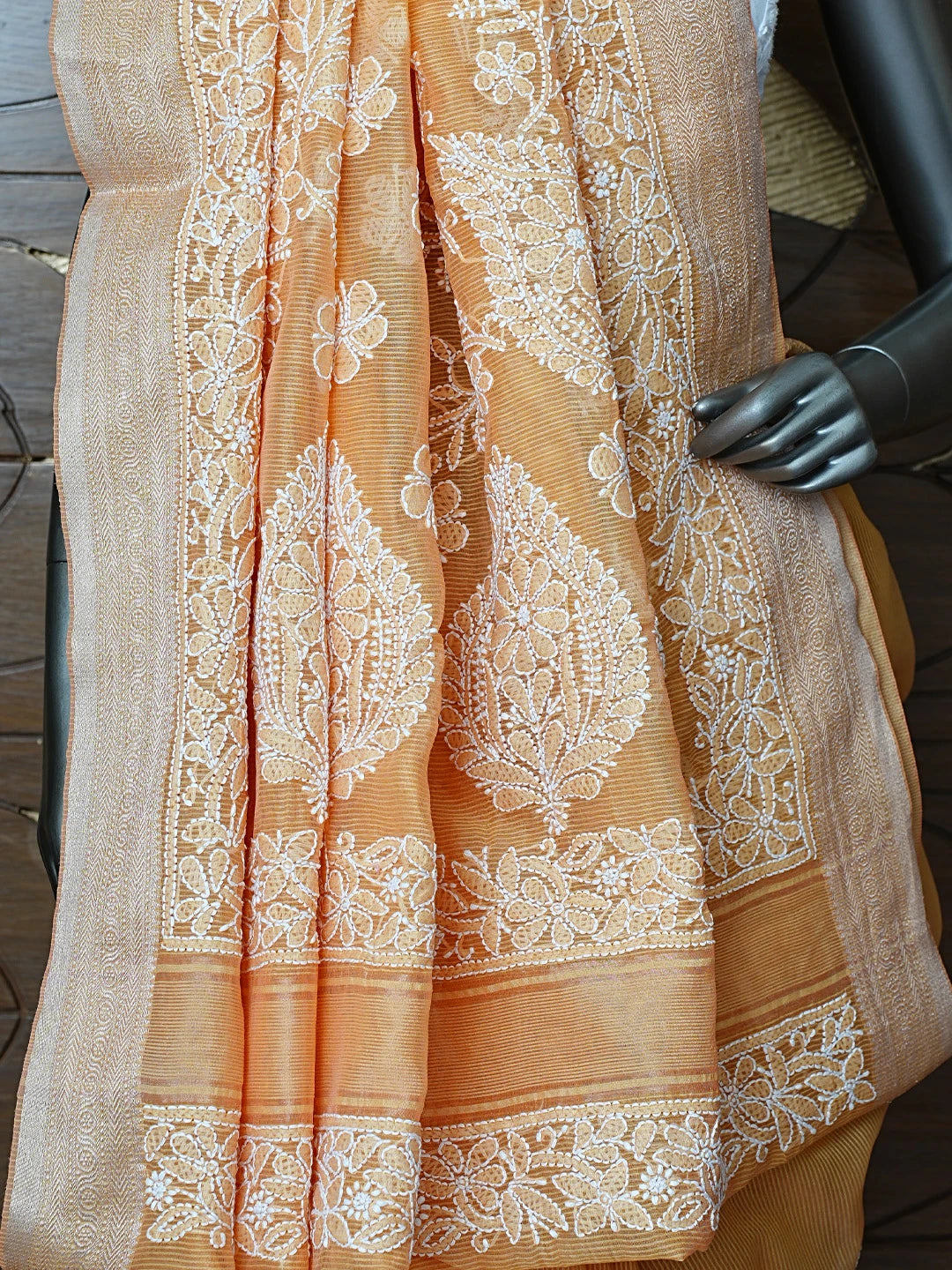 Ada Hand Embroidered Mustard Chanderi Lucknowi Chikankari Saree With Blouse 01A857659