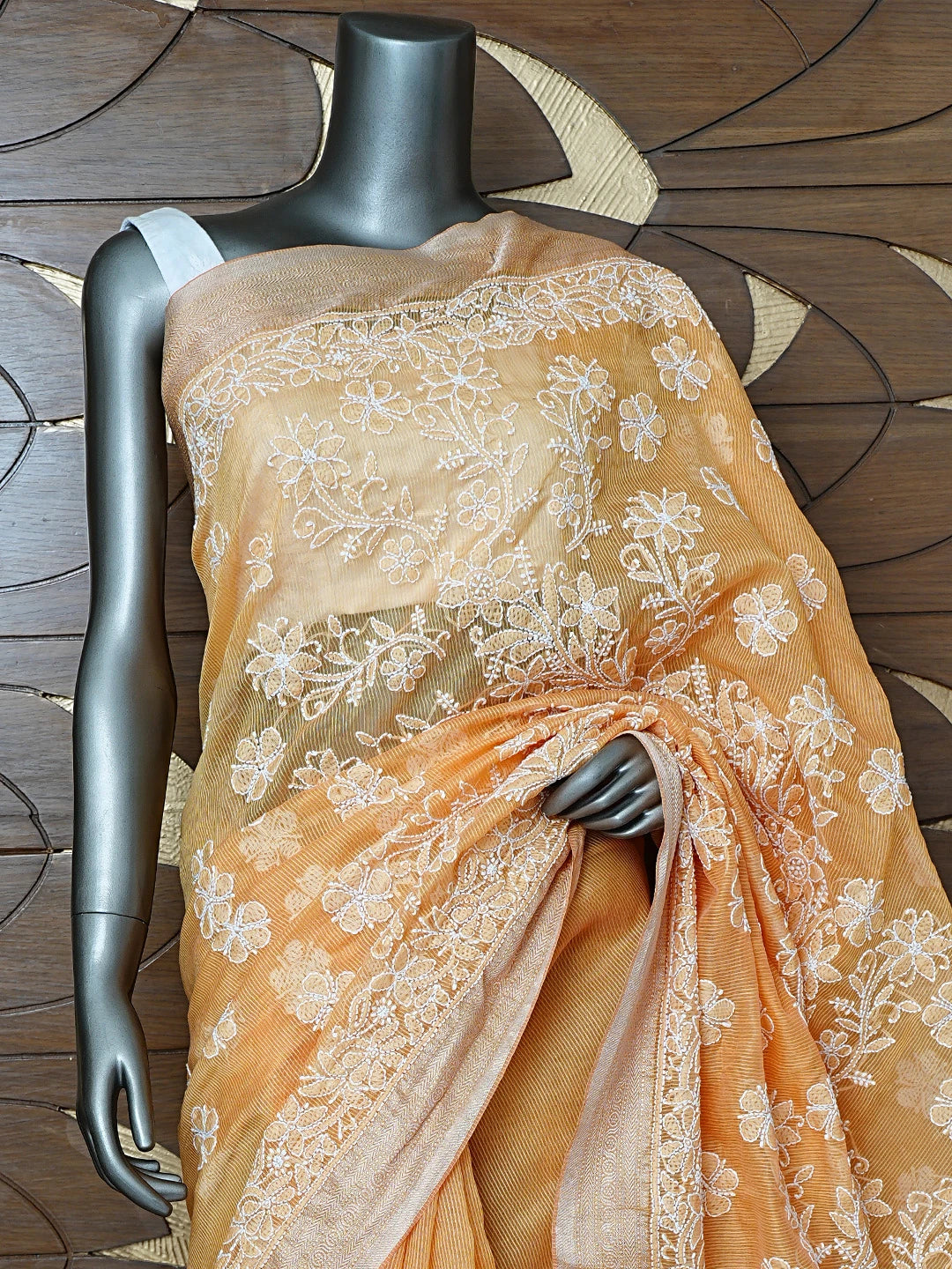 Ada Hand Embroidered Mustard Chanderi Lucknowi Chikankari Saree With Blouse 01A857659