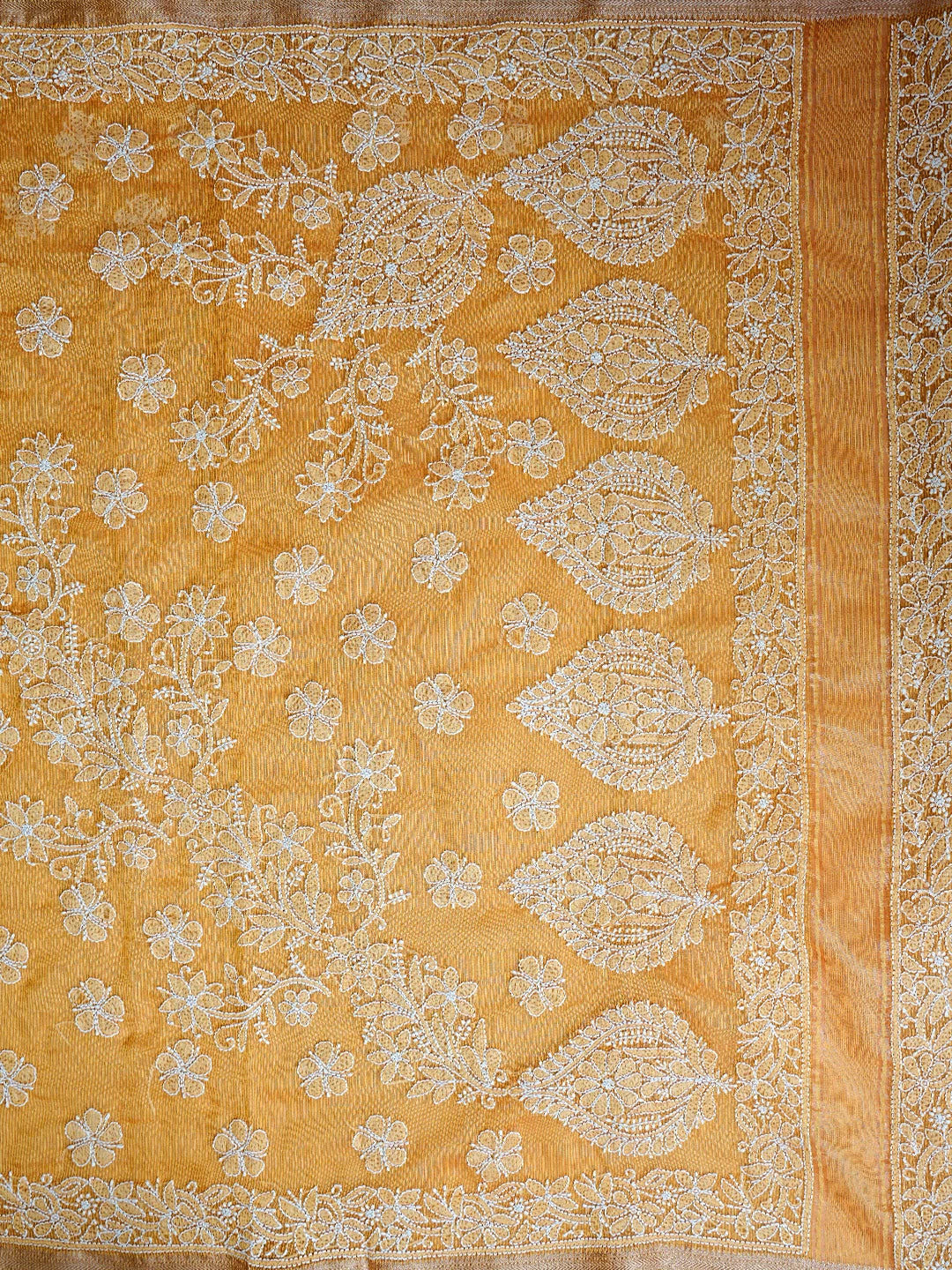 Ada Hand Embroidered Mustard Chanderi Lucknowi Chikankari Saree With Blouse 01A857659