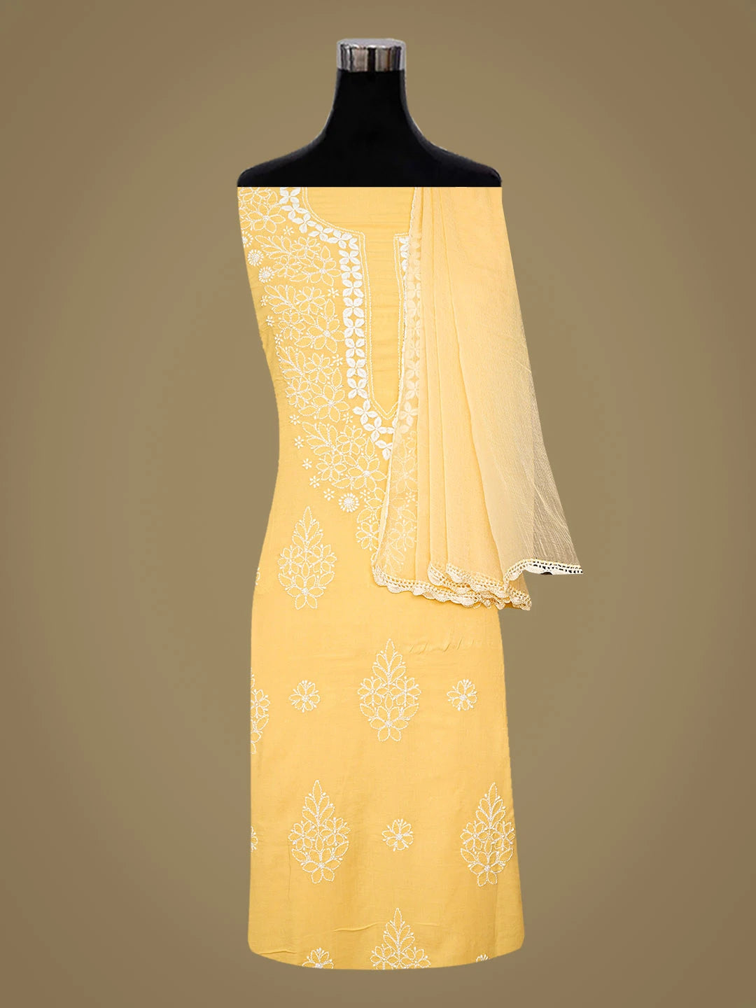 Ada Hand Embroidered Yellow Modal Lucknowi Chikankari Unstitched Suit Piece 01A784908