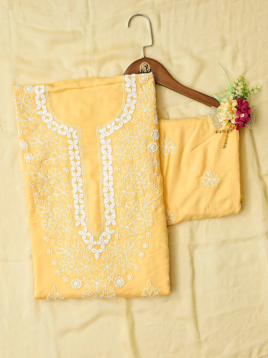 Ada Hand Embroidered Yellow Modal Lucknowi Chikankari Unstitched Suit Piece 01A784908