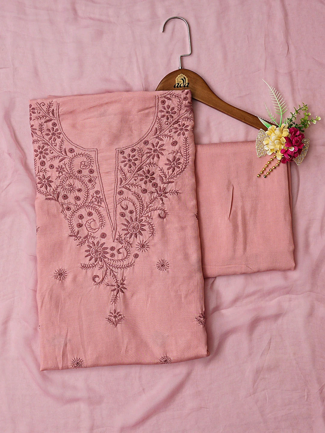 Ada Hand Embroidered Peach Pink Muslin Lucknowi Chikankari Unstitched Suit Piece 01A855631