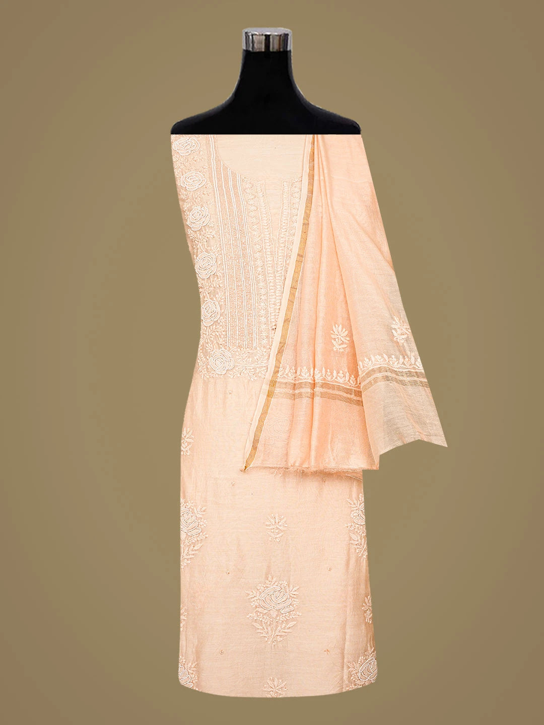 Ada Hand Embroidered Peach Chanderi Lucknowi Chikankari Unstitched Suit Piece With Pearl Work 01A842112
