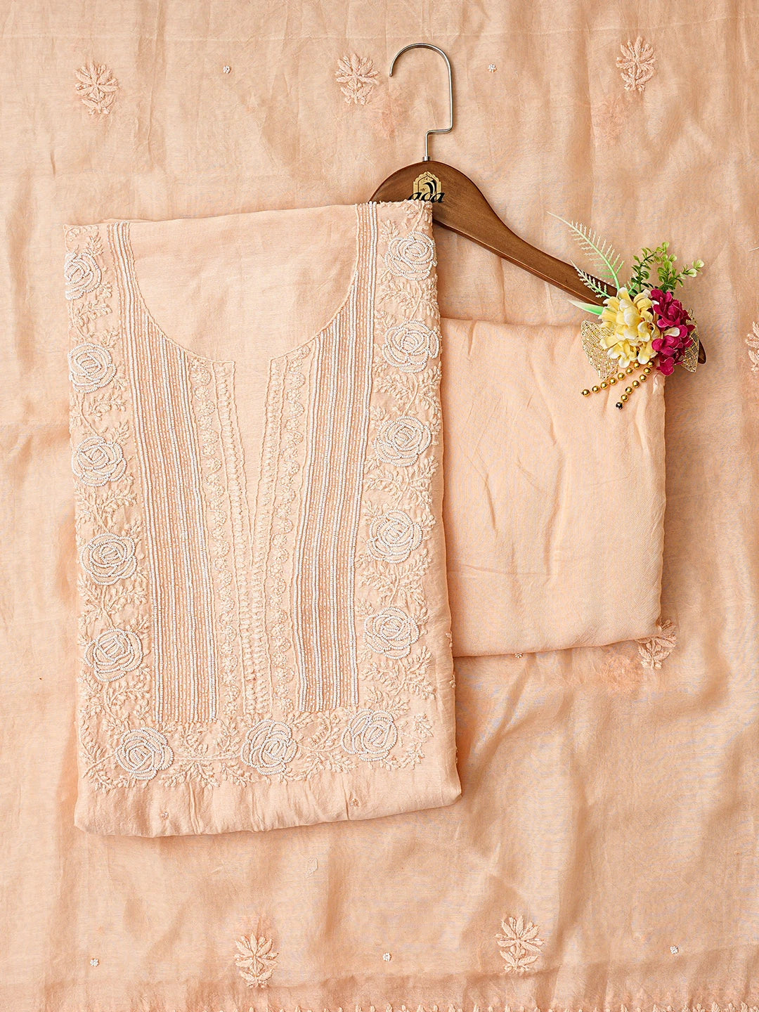 Ada Hand Embroidered Peach Chanderi Lucknowi Chikankari Unstitched Suit Piece With Pearl Work 01A842112
