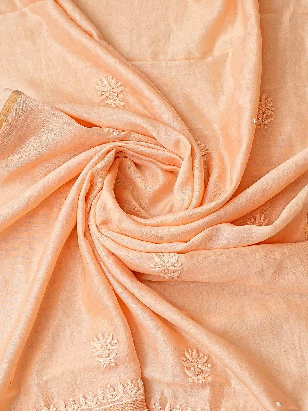 Ada Hand Embroidered Peach Chanderi Lucknowi Chikankari Unstitched Suit Piece With Pearl Work 01A842112