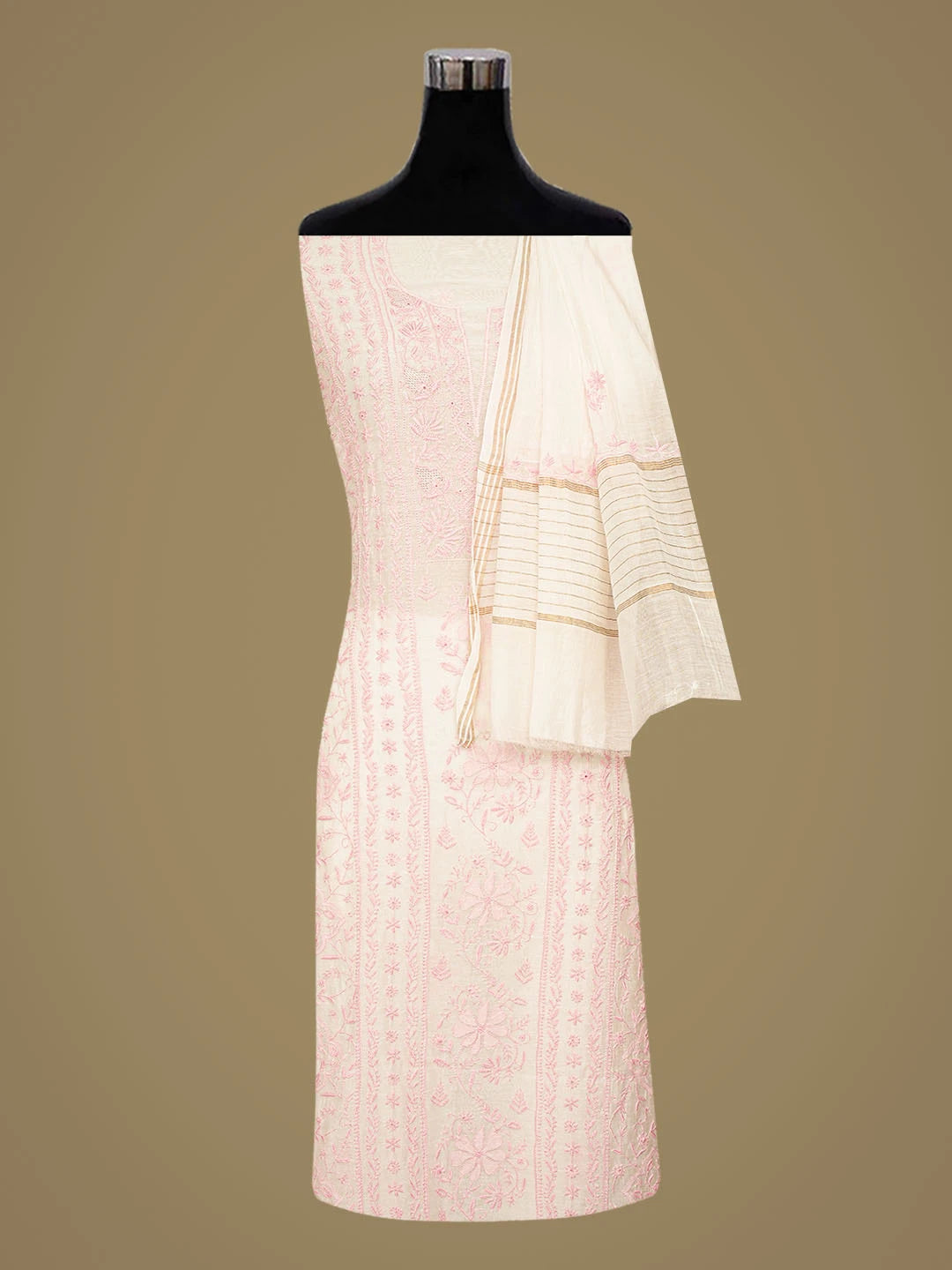 Ada Hand Embroidered White Chanderi Lucknowi Chikankari Unstitched Kurta Dupatta Set 01A856671