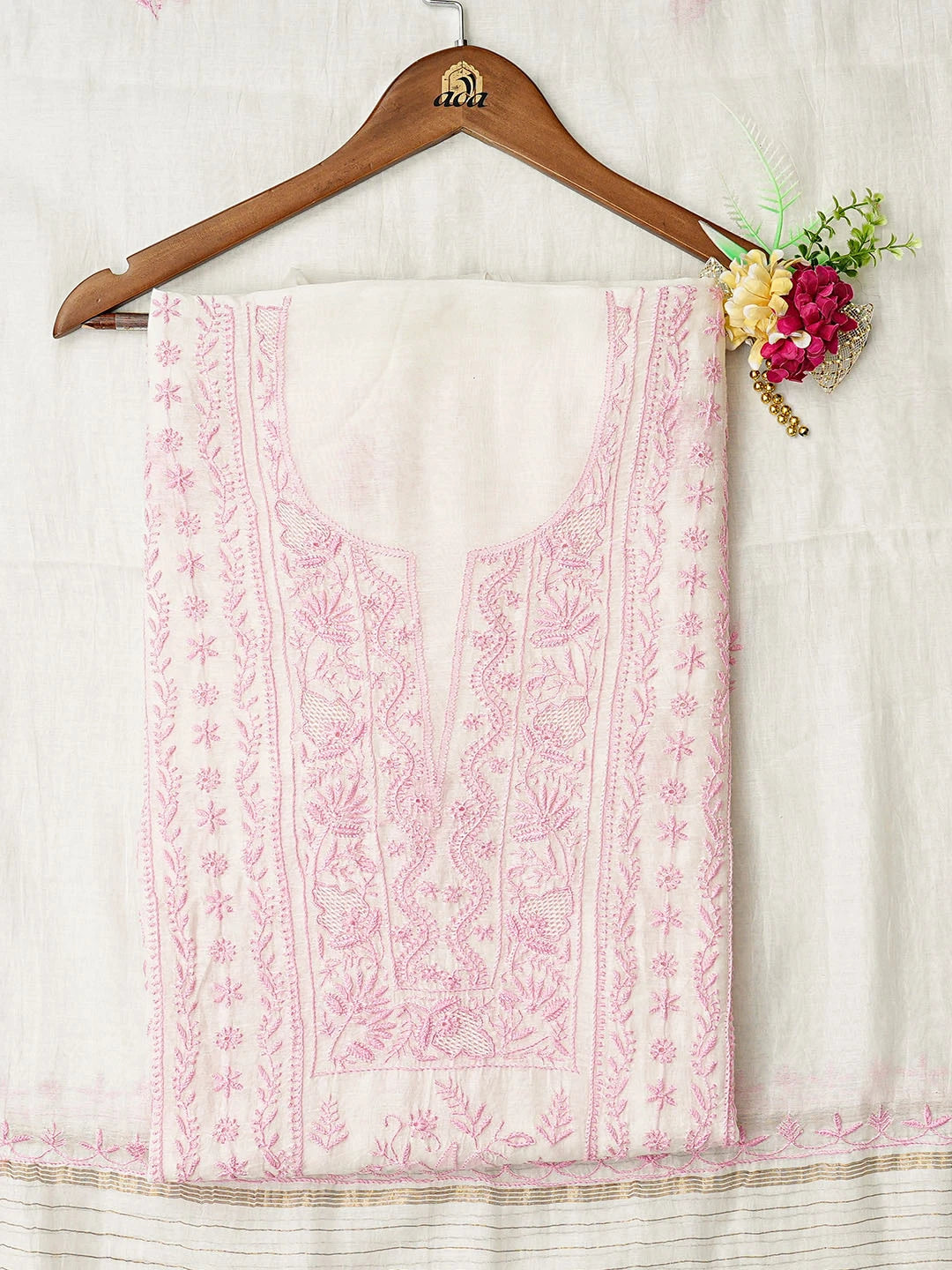 Ada Hand Embroidered White Chanderi Lucknowi Chikankari Unstitched Kurta Dupatta Set 01A856671
