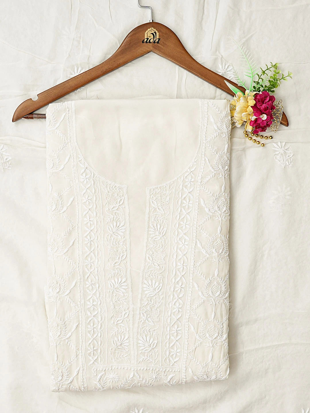 Ada Hand Embroidered White Pure Georgette Lucknowi Chikankari Unstitched Kurta Dupatta Set 01A856623