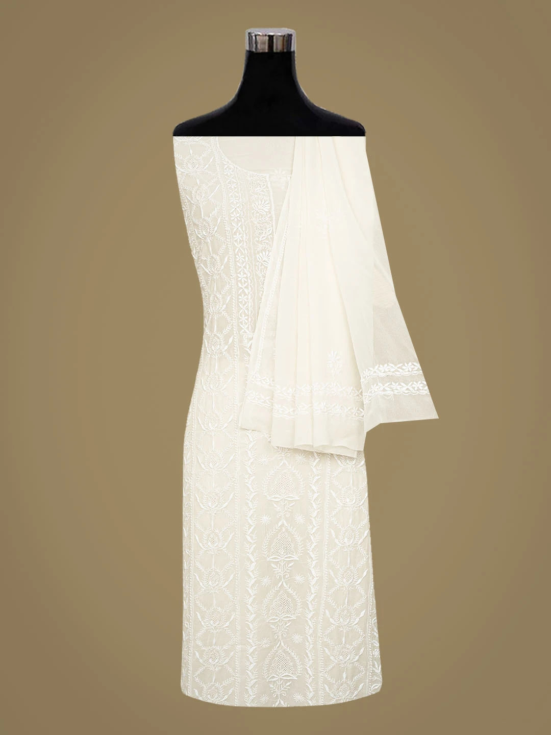 Ada Hand Embroidered White Pure Georgette Lucknowi Chikankari Unstitched Kurta Dupatta Set 01A856623