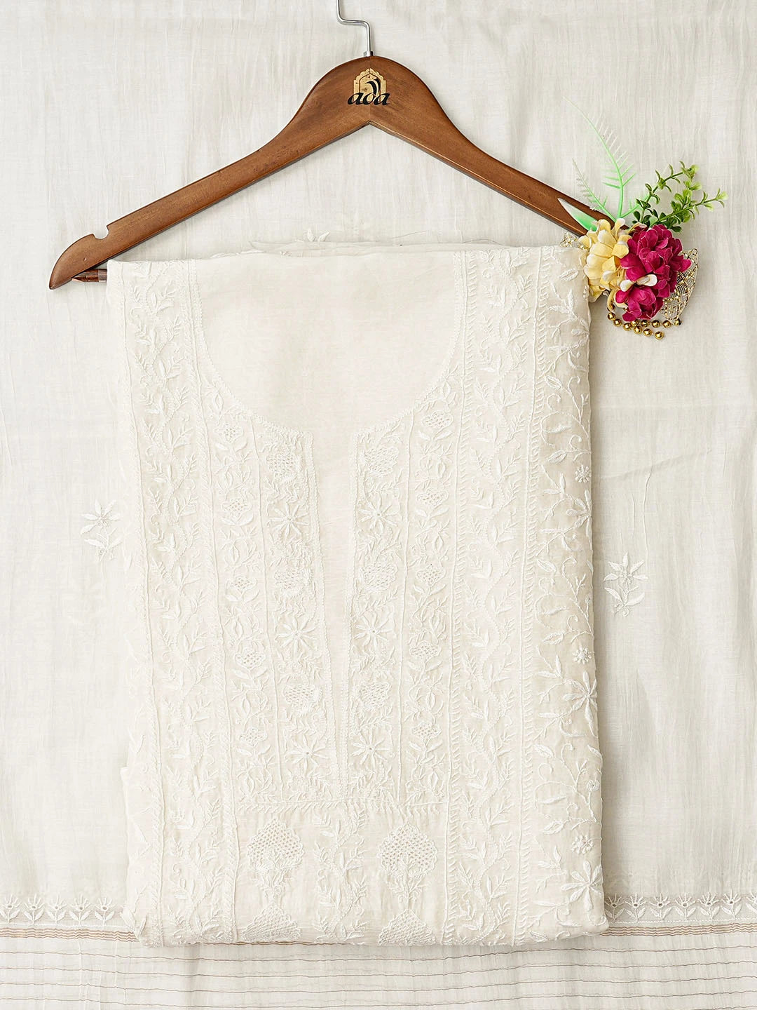Ada Hand Embroidered White Chanderi Lucknowi Chikankari Unstitched Kurta Dupatta Set 01A856672