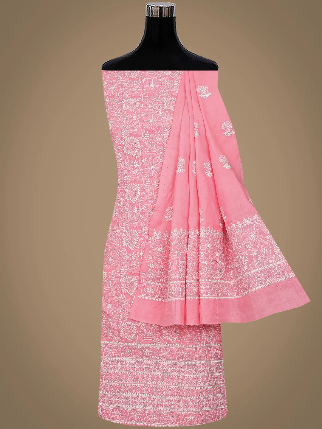 Ada Hand Embroidered Pink Cotton Lucknowi Chikankari Unstitched Suit Piece With Cutdana Work 01A670888