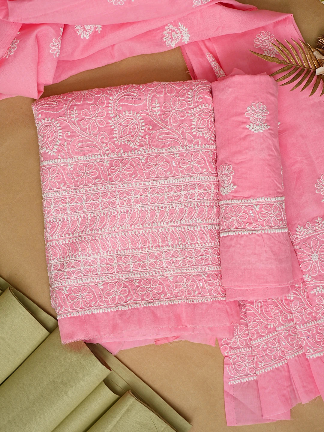 Ada Hand Embroidered Pink Cotton Lucknowi Chikankari Unstitched Suit Piece With Cutdana Work 01A670888