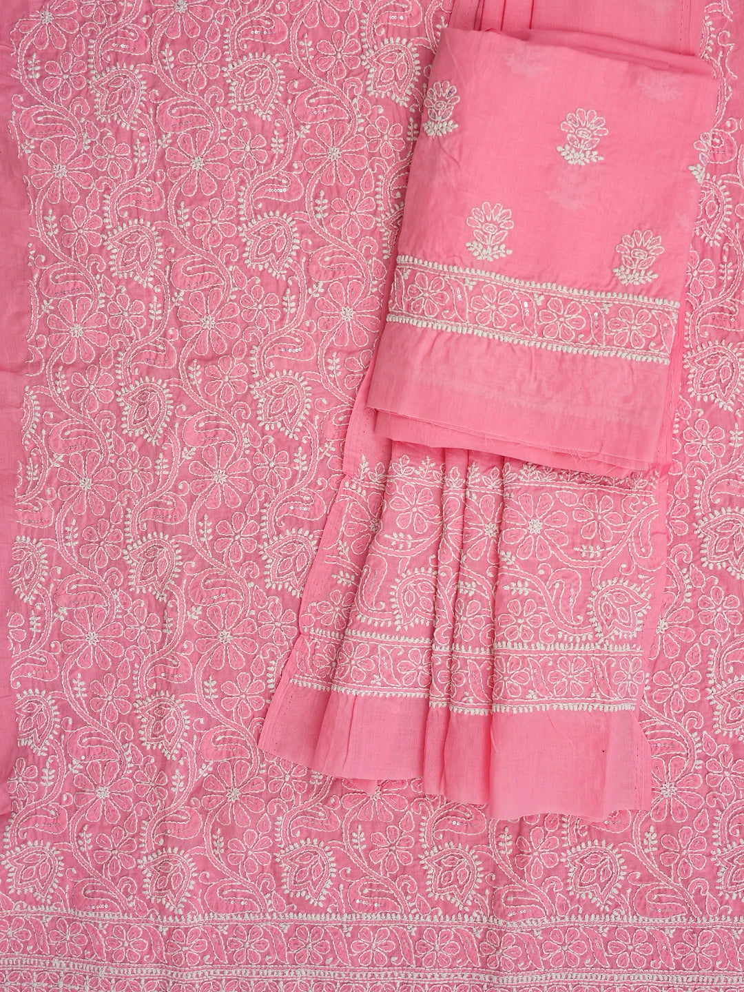 Ada Hand Embroidered Pink Cotton Lucknowi Chikankari Unstitched Suit Piece With Cutdana Work 01A670888