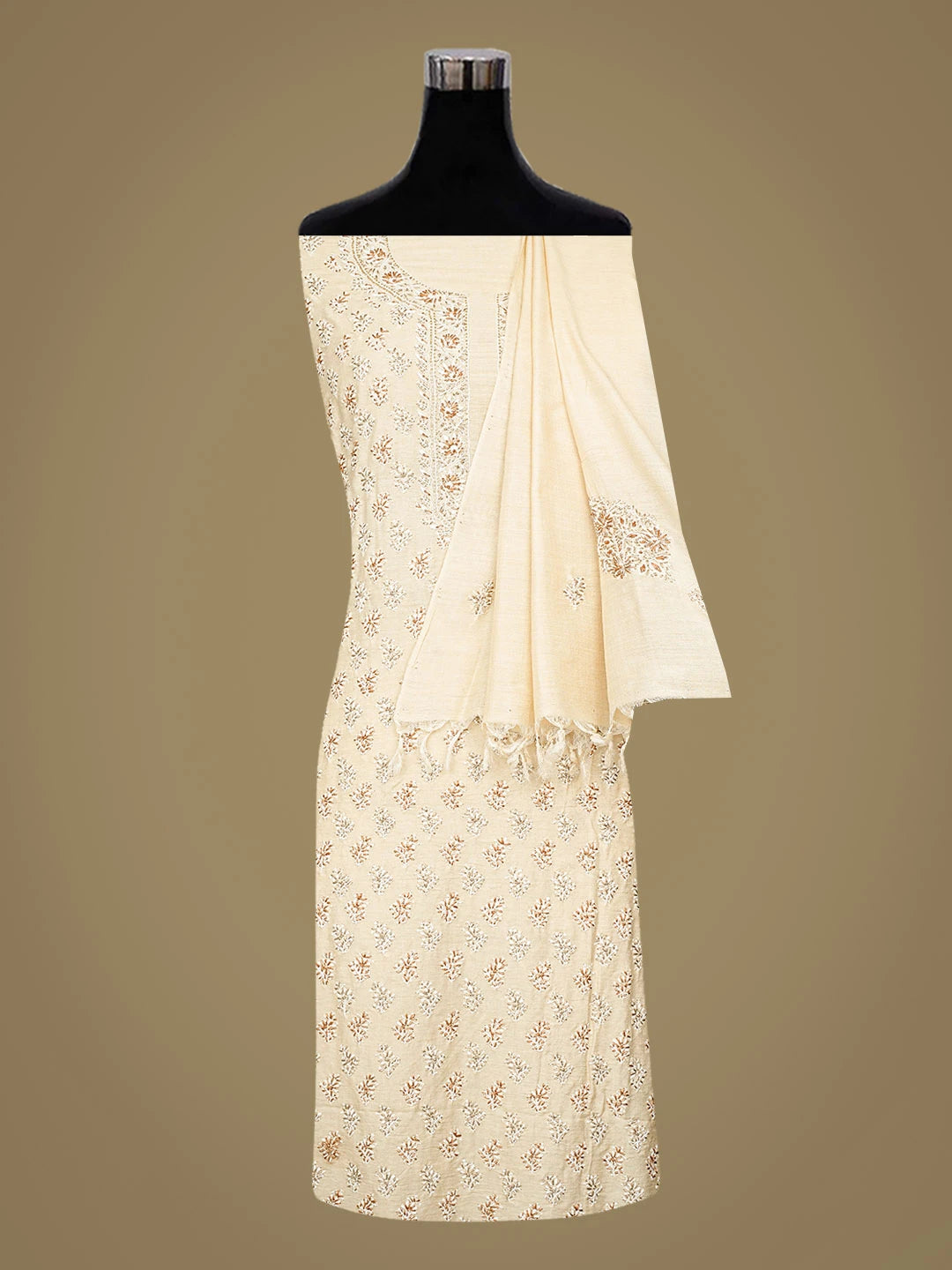 Ada Hand Embroidered Fawn Ghicha Silk Lucknowi Chikankari Unstitched Kurta Dupatta Set With Cutdana Work 01A663029