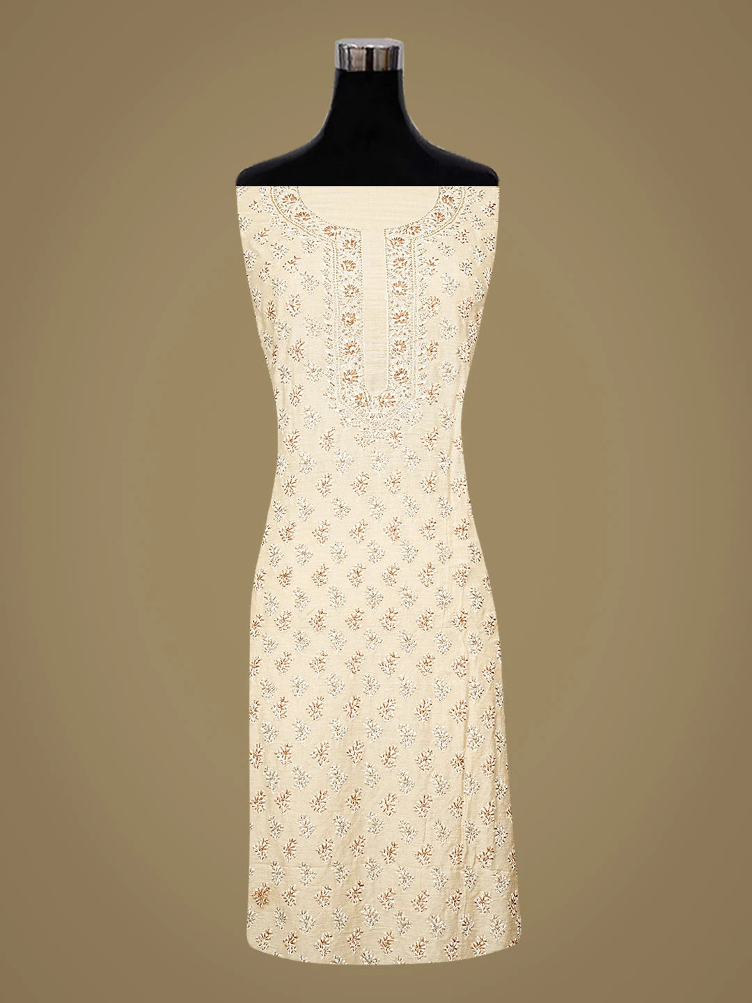 Ada Hand Embroidered Fawn Ghicha Silk Lucknowi Chikankari Unstitched Kurta Dupatta Set With Cutdana Work 01A663029