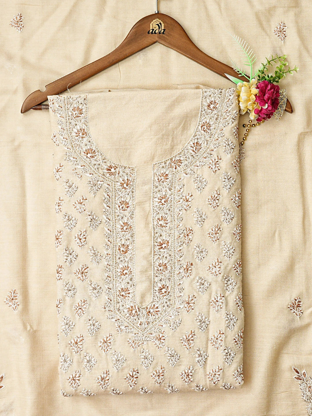 Ada Hand Embroidered Fawn Ghicha Silk Lucknowi Chikankari Unstitched Kurta Dupatta Set With Cutdana Work 01A663029