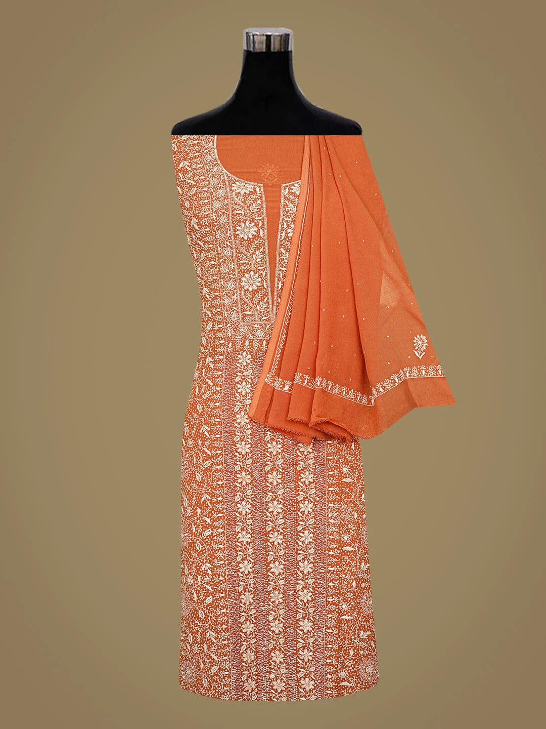 Ada Hand Embroidered Rust Viscose Georgette Lucknowi Chikankari Unstitched Kurta Dupatta Set With Sequinned Work 01A618142