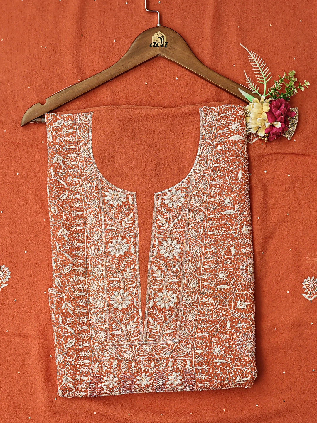 Ada Hand Embroidered Rust Viscose Georgette Lucknowi Chikankari Unstitched Kurta Dupatta Set With Sequinned Work 01A618142
