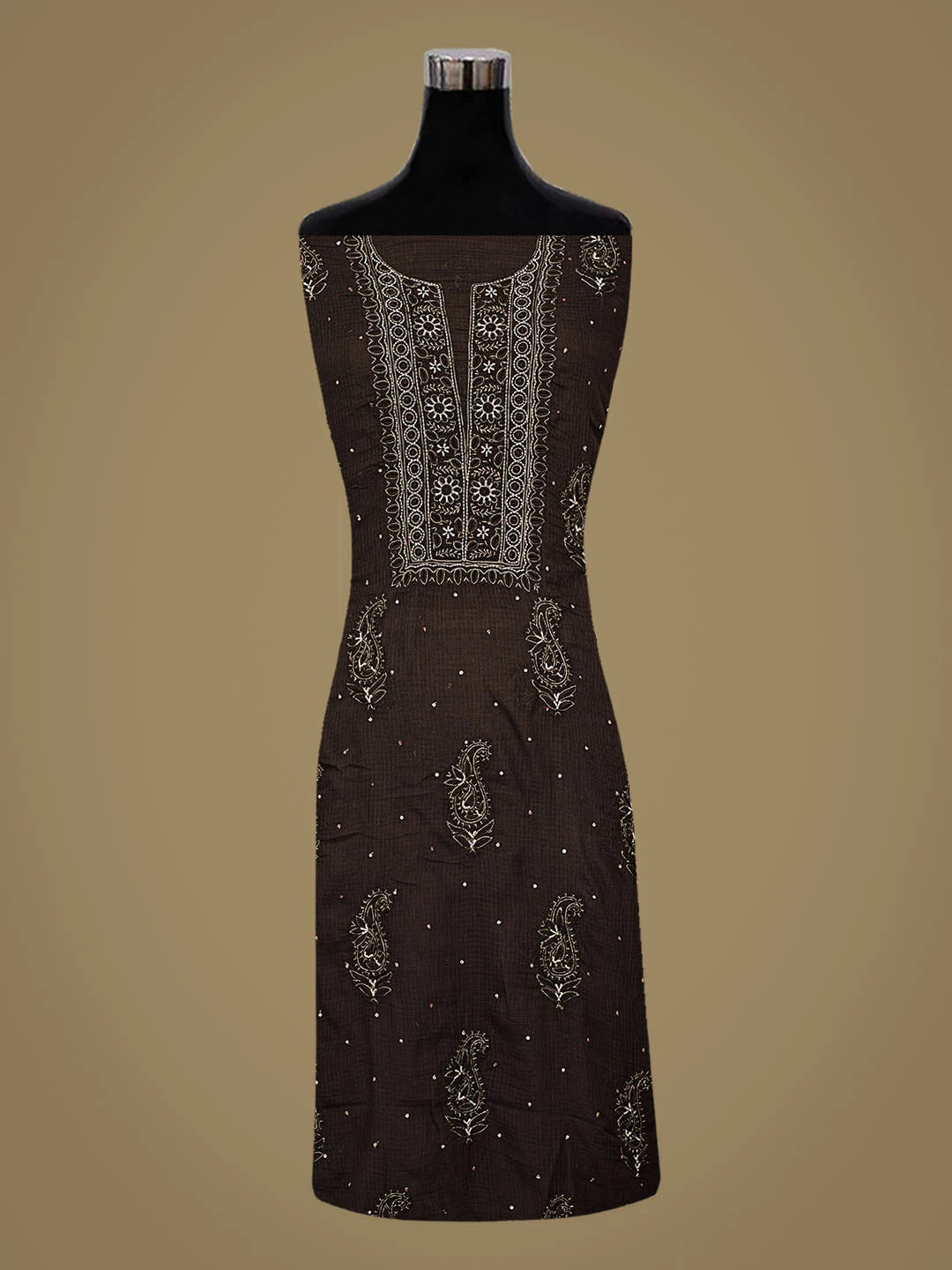 Ada Hand Embroidered Brown Kota Lucknowi Chikankari Unstitched Kurta Dupatta Set With Pearl Work 01A687427