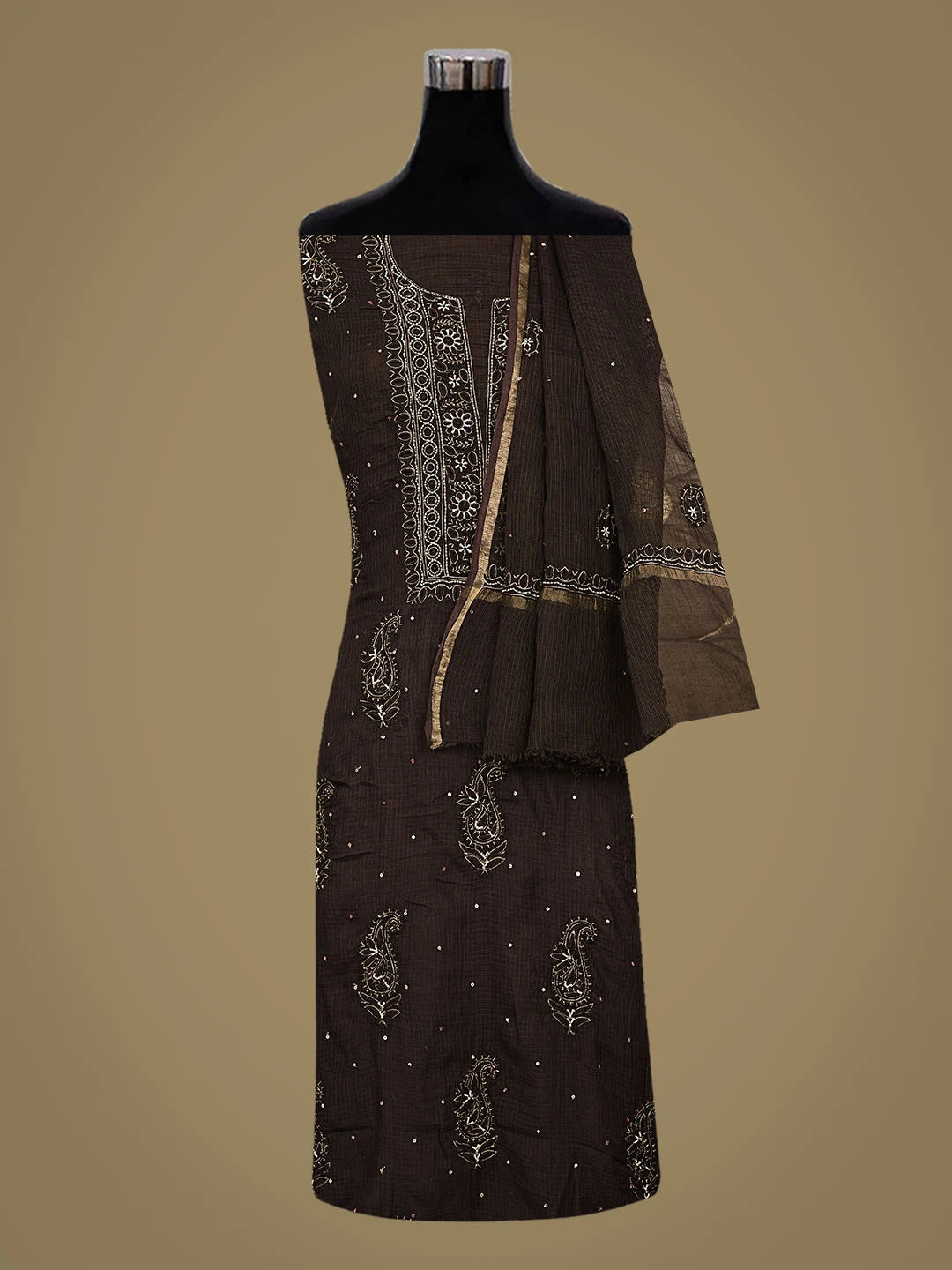 Ada Hand Embroidered Brown Kota Lucknowi Chikankari Unstitched Kurta Dupatta Set With Pearl Work 01A687427