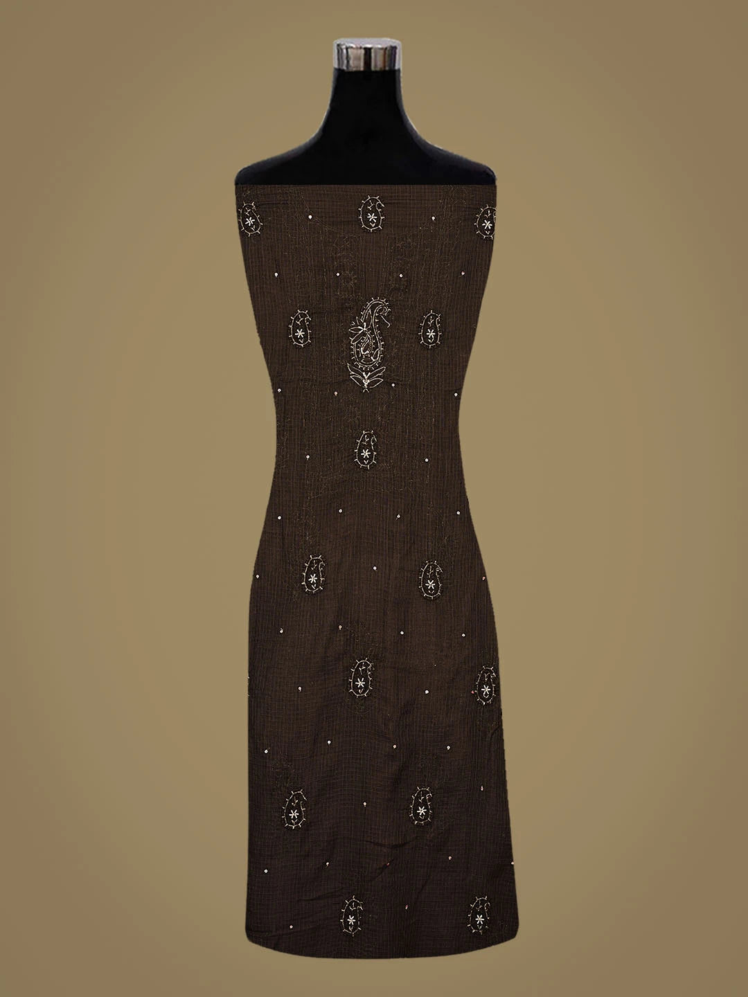Ada Hand Embroidered Brown Kota Lucknowi Chikankari Unstitched Kurta Dupatta Set With Pearl Work 01A687427