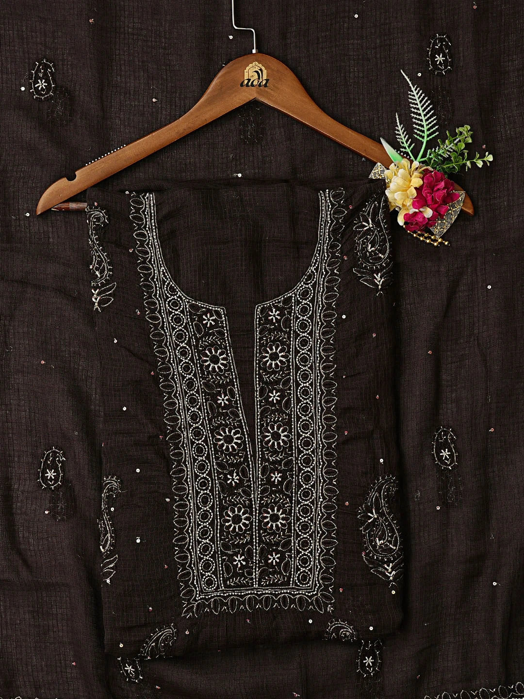 Ada Hand Embroidered Brown Kota Lucknowi Chikankari Unstitched Kurta Dupatta Set With Pearl Work 01A687427