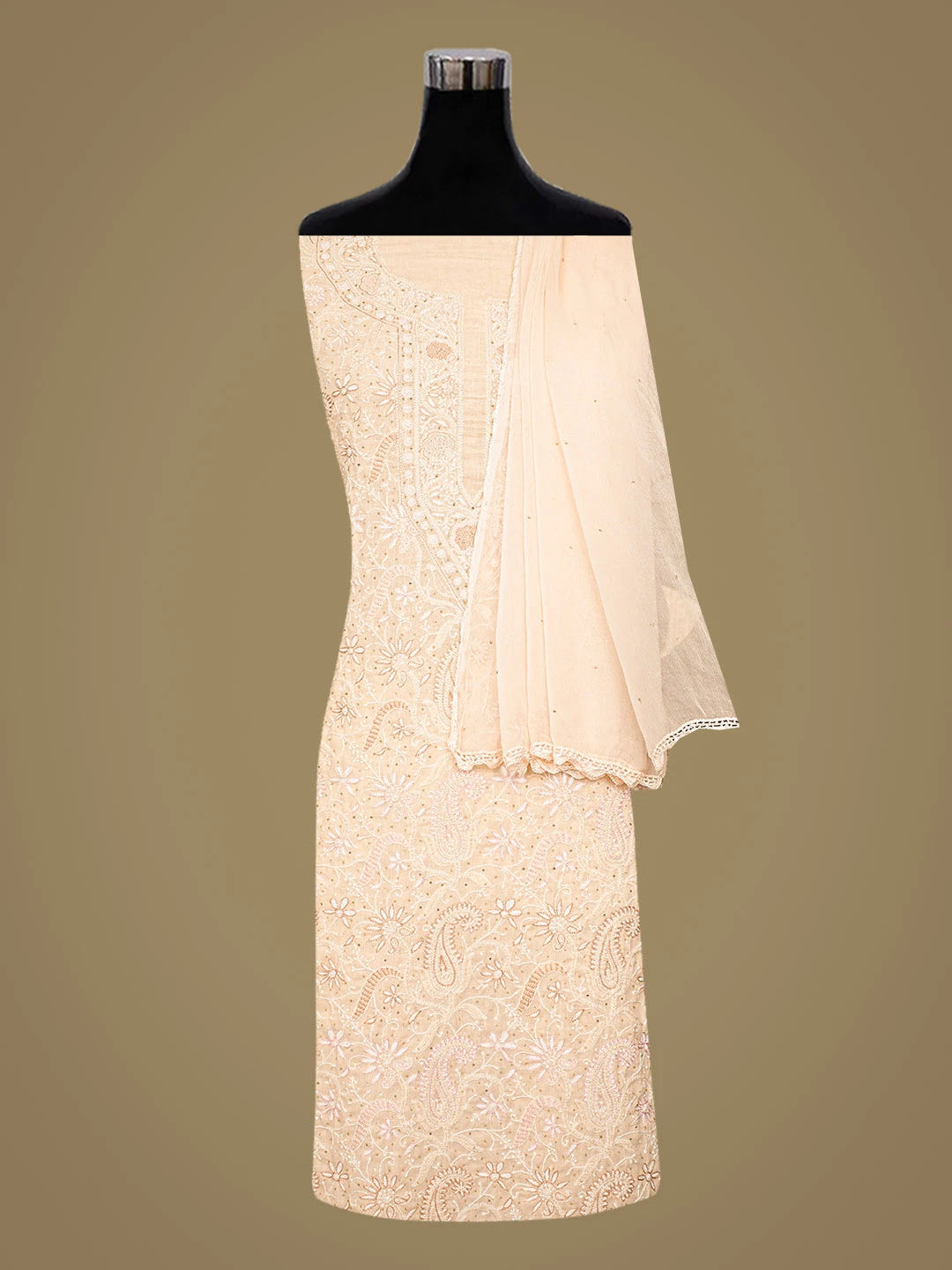 Ada Hand Embroidered Peach Cotton Lucknowi Chikankari Unstitched Suit Piece With Cutdana Work 01A387806