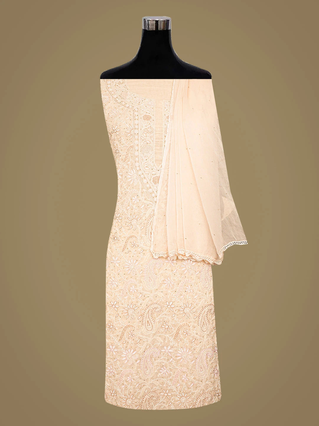 Ada Hand Embroidered Peach Cotton Lucknowi Chikankari Unstitched Suit Piece With Cutdana Work 01A387806