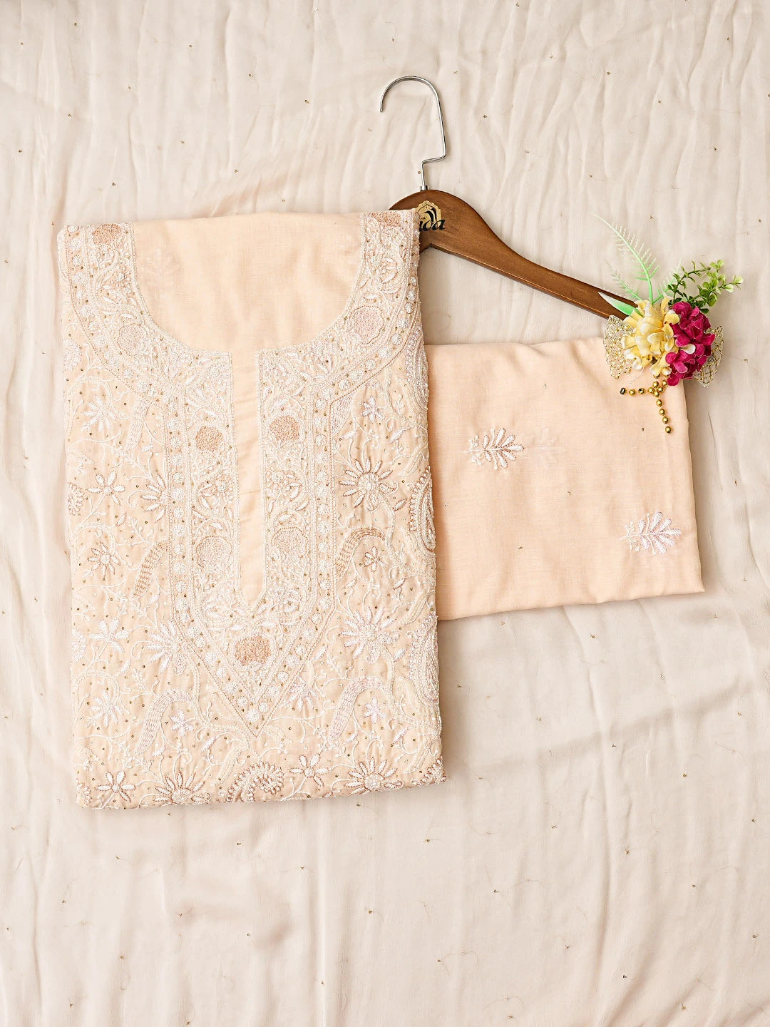Ada Hand Embroidered Peach Cotton Lucknowi Chikankari Unstitched Suit Piece With Cutdana Work 01A387806