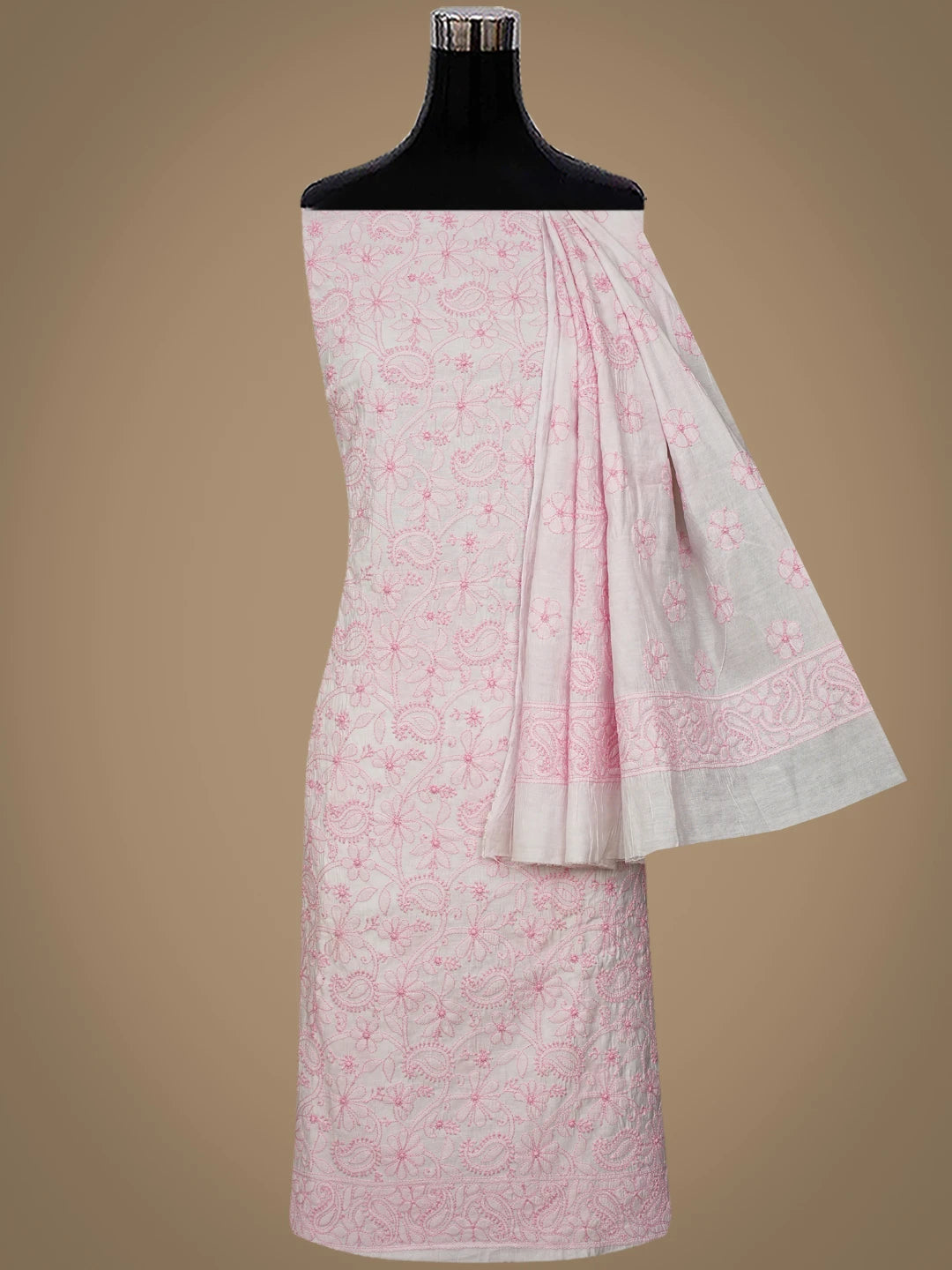 Ada Hand Embroidered Lavender Blush Pink Chanderi Lucknowi Chikankari Unstitched Kurta Dupatta Set 01A647434