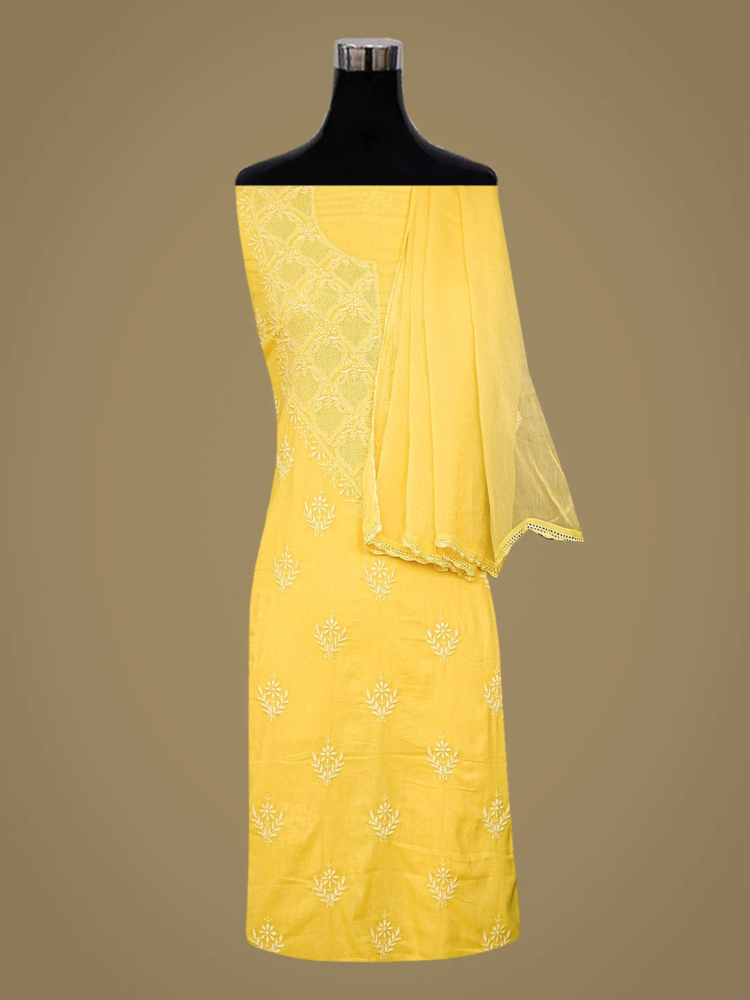 Ada Hand Embroidered Yellow Cotton Lucknowi Chikankari Unstitched Suit Piece 01A759641