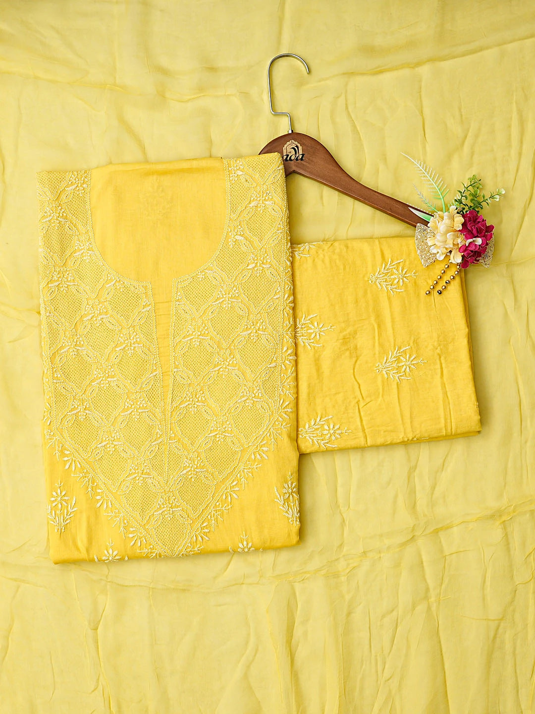 Ada Hand Embroidered Yellow Cotton Lucknowi Chikankari Unstitched Suit Piece 01A759641