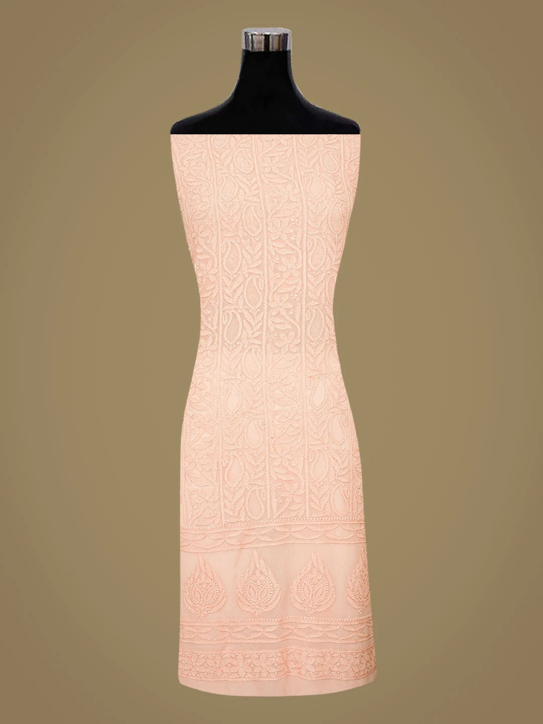 Ada Hand Embroidered Peach Viscose Georgette Lucknowi Chikankari Unstitched Kurta Dupatta Set 01A811121