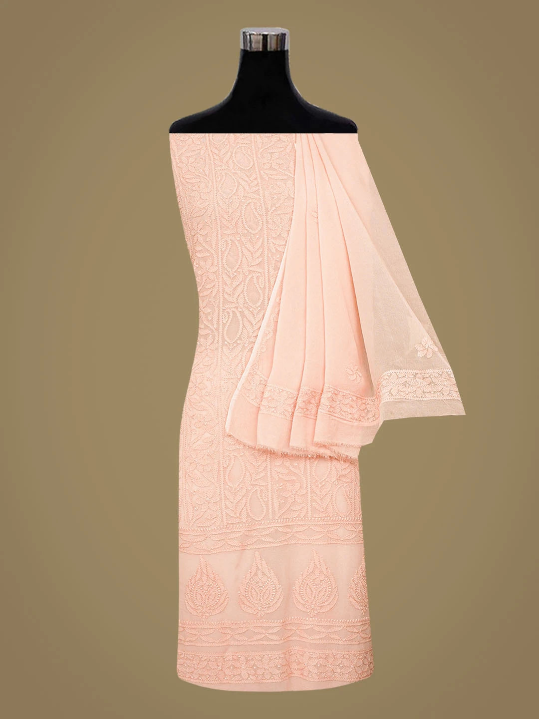 Ada Hand Embroidered Peach Viscose Georgette Lucknowi Chikankari Unstitched Kurta Dupatta Set 01A811121