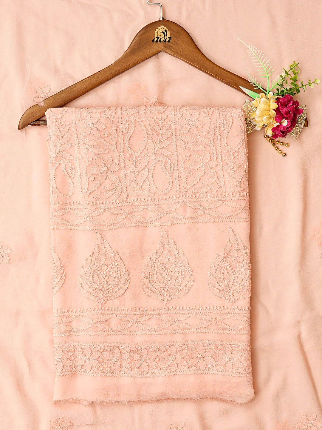 Ada Hand Embroidered Peach Viscose Georgette Lucknowi Chikankari Unstitched Kurta Dupatta Set 01A811121
