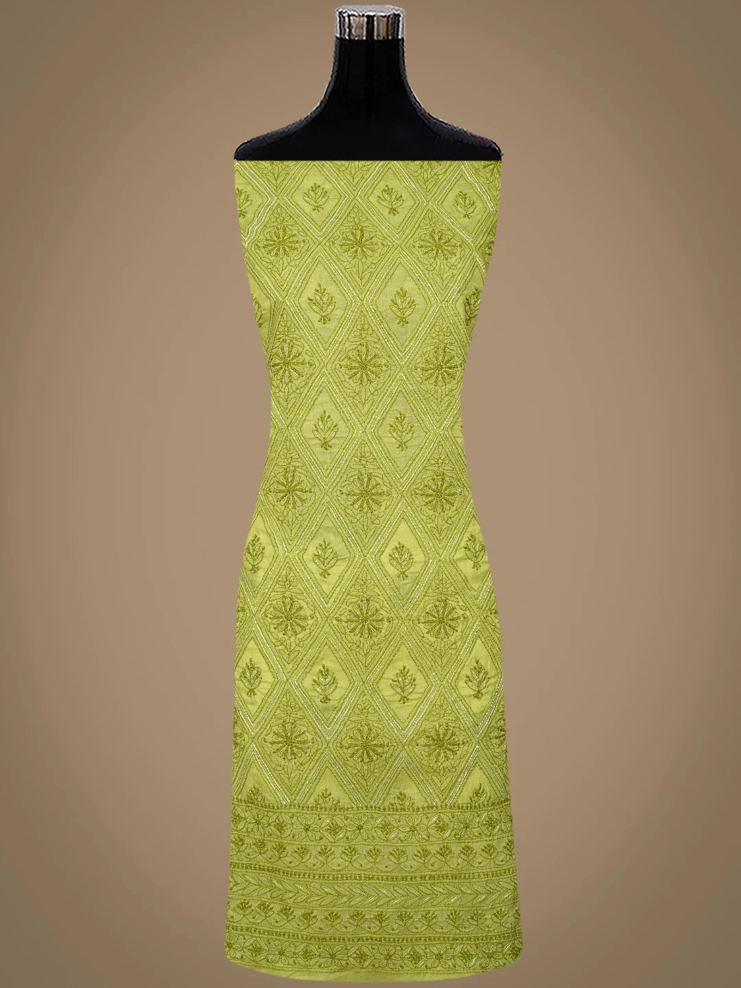 Ada Hand Embroidered Green Cotton Lucknowi Chikankari Unstitched Suit Piece With Cutdana Work 01A679267