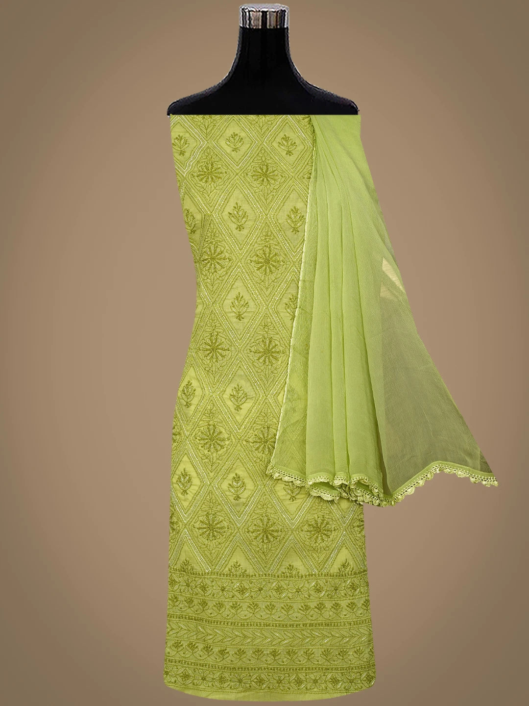Ada Hand Embroidered Green Cotton Lucknowi Chikankari Unstitched Suit Piece With Cutdana Work 01A679267
