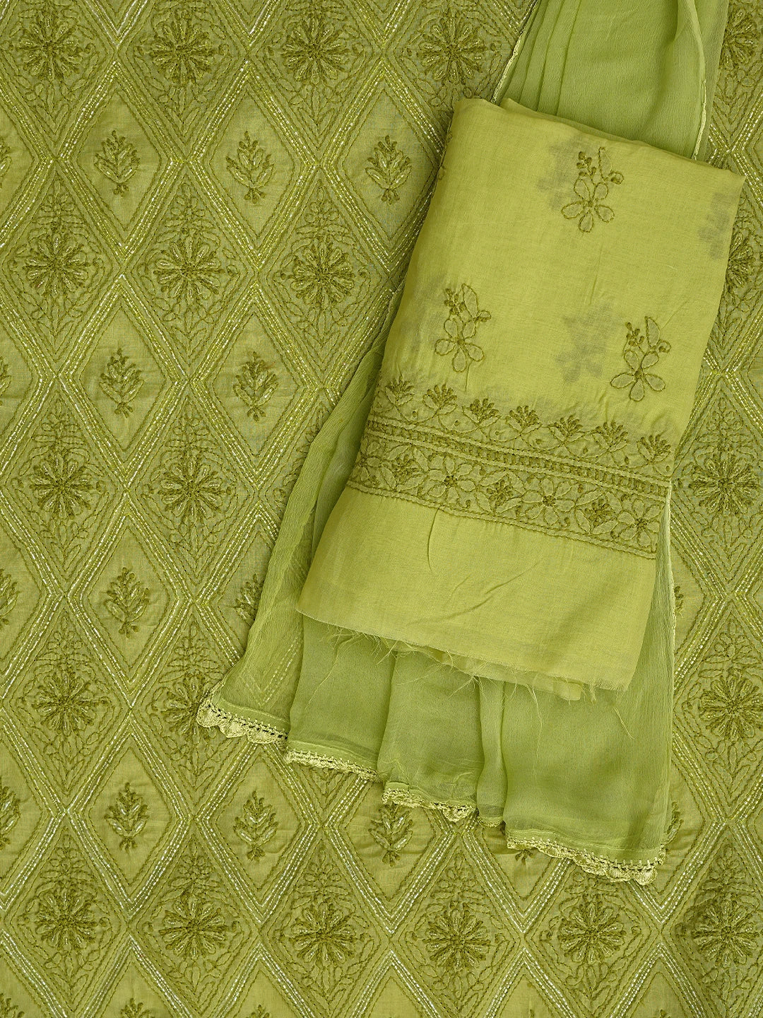 Ada Hand Embroidered Green Cotton Lucknowi Chikankari Unstitched Suit Piece With Cutdana Work 01A679267