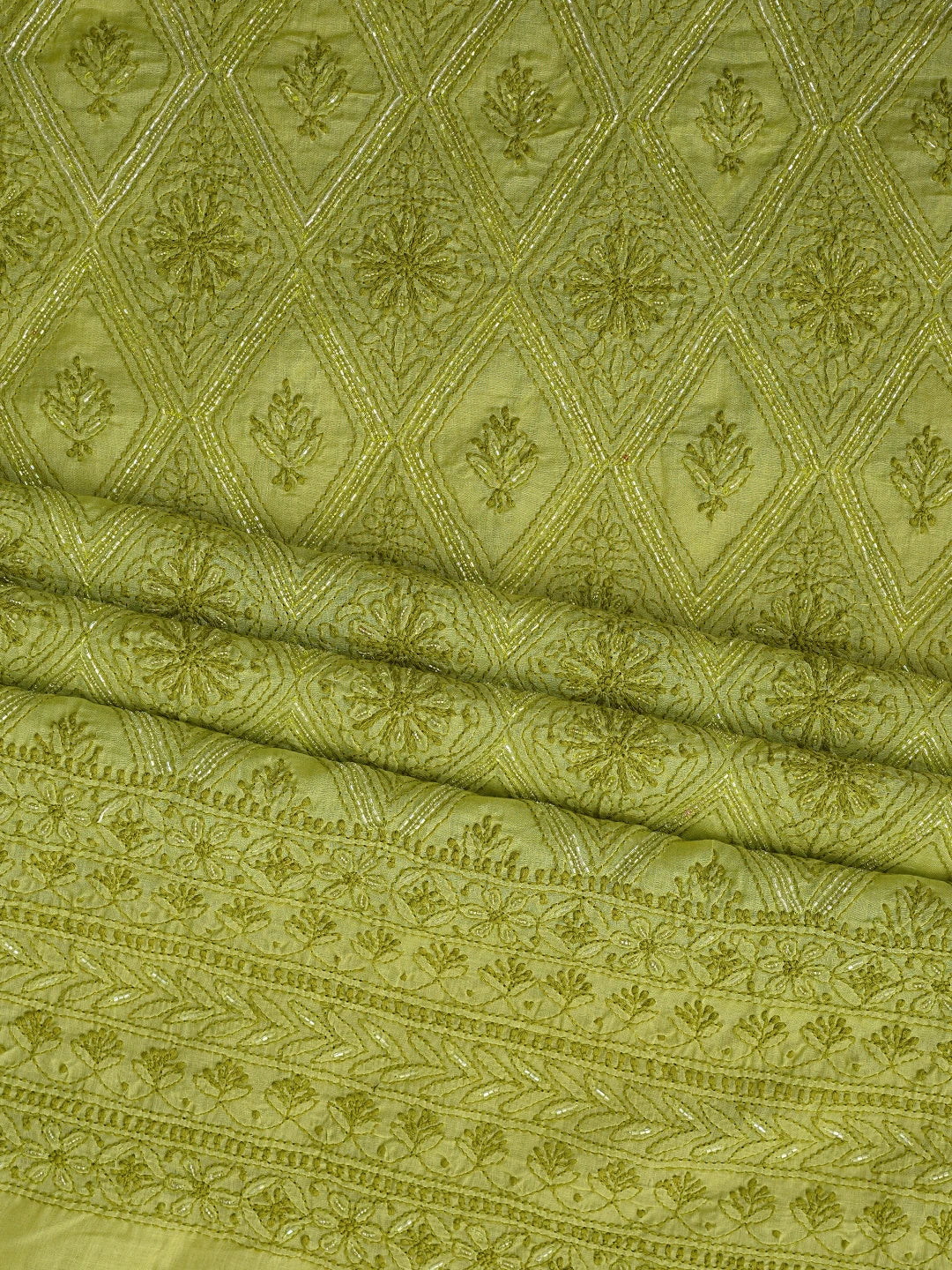 Ada Hand Embroidered Green Cotton Lucknowi Chikankari Unstitched Suit Piece With Cutdana Work 01A679267