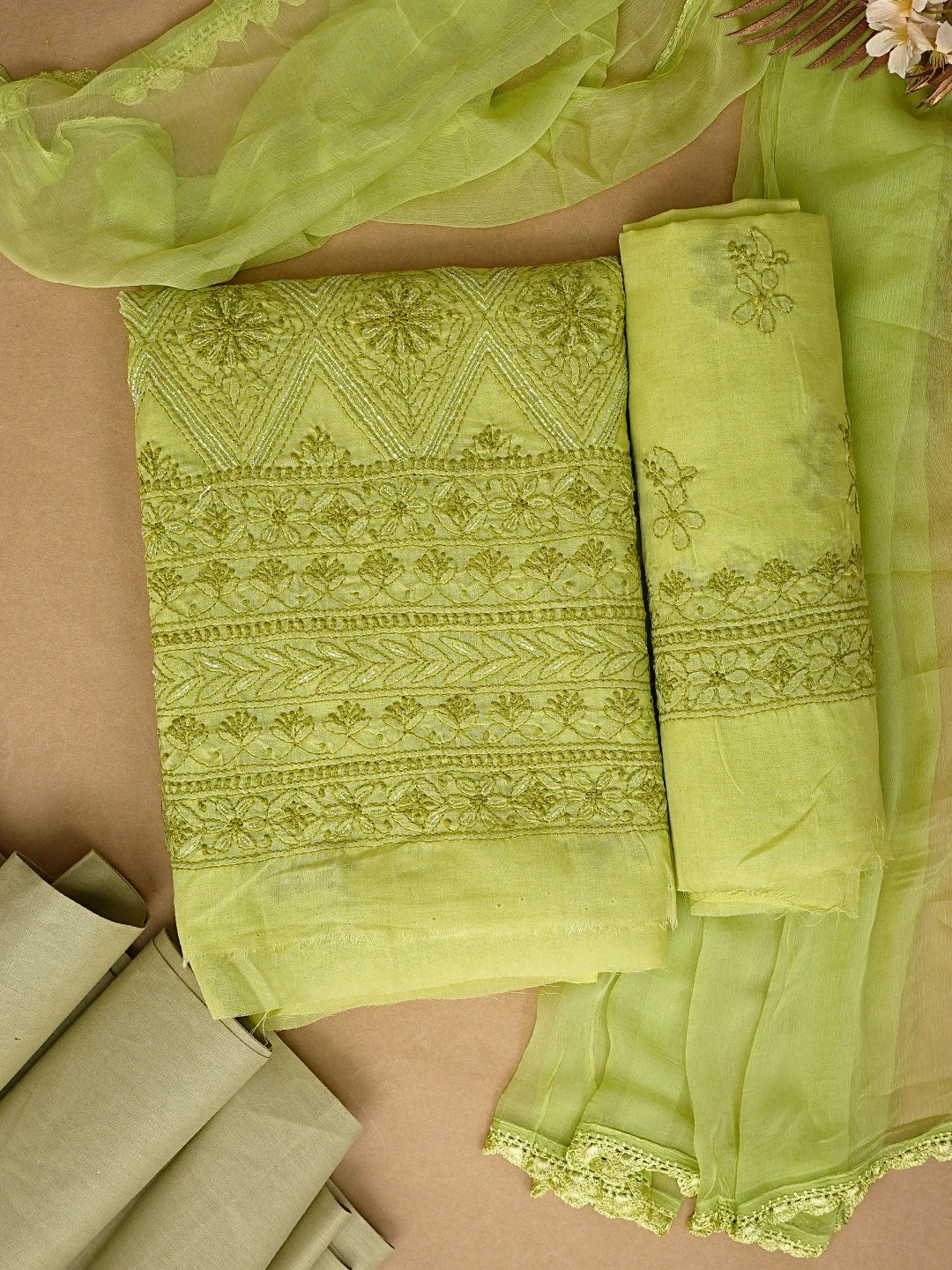Ada Hand Embroidered Green Cotton Lucknowi Chikankari Unstitched Suit Piece With Cutdana Work 01A679267