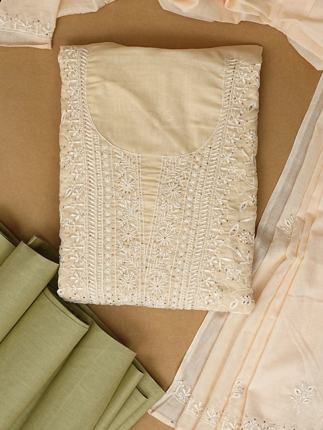 Ada Hand Embroidered Fawn Cotton Lucknowi Chikankari Unstitched Kurta Dupatta Set With Mukaish Work 01A293751